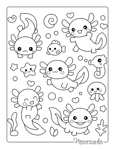 Axolotl Coloring Pages Easy Cute Kawaii Adorable Axolotl Friends