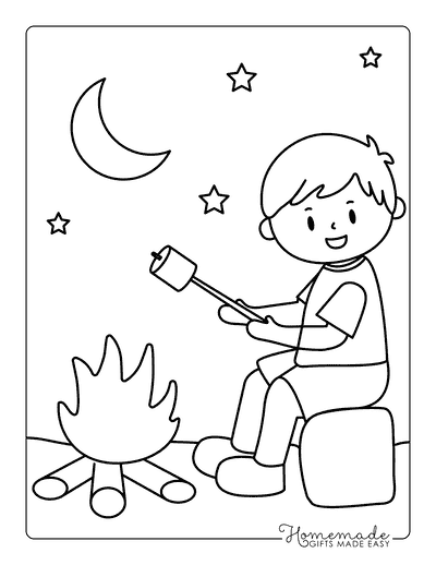 Camping Coloring Pages Easy Boy Roasting Smore Over Campfire