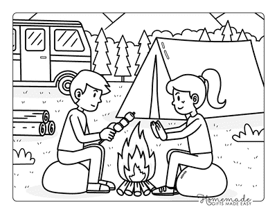 Camping Coloring Pages Easy Couple Camping Sitting by Campfire to Color