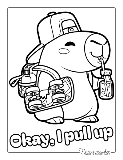 Capybara Coloring Pages Easy Cute Chibi Capybara With Skateboard and Backpack