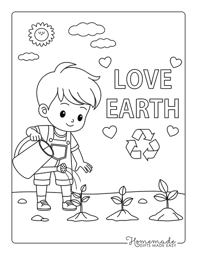 Earth Day Coloring Pages Boy Watering Plants Cute Easy