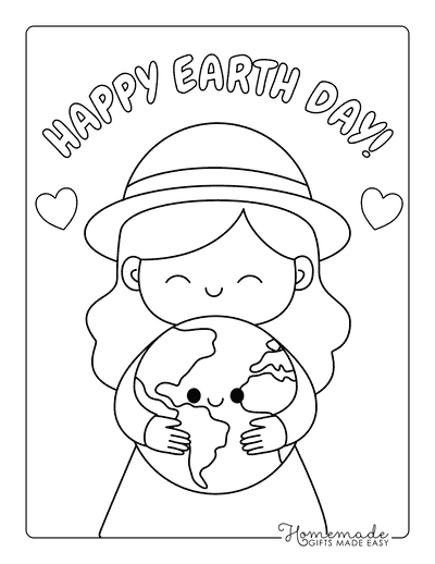 Earth Day Coloring Pages Girl Hugging Planet Earth Cute Easy