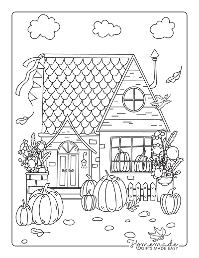 Fall Coloring Pages Cozy Autumn Cottage Pumpkins Sunflowers