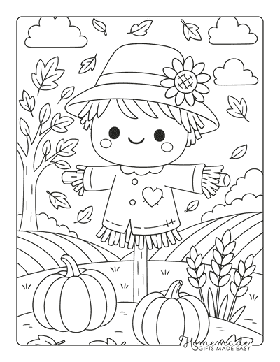 Fall Coloring Pages Kawaii Scarecrow in Field for Kids
