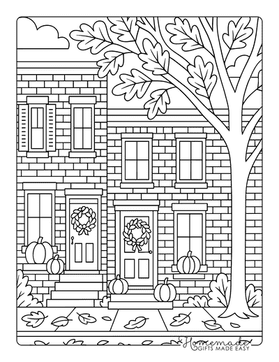 Fall Coloring Pages Row Houses in Fall for Adults