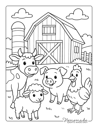 Farm Animal Coloring Pages Cute Animal Friends With Barn