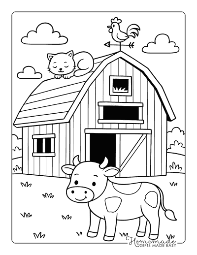 Farm Animal Coloring Pages Cute Cow and Cat on Barn