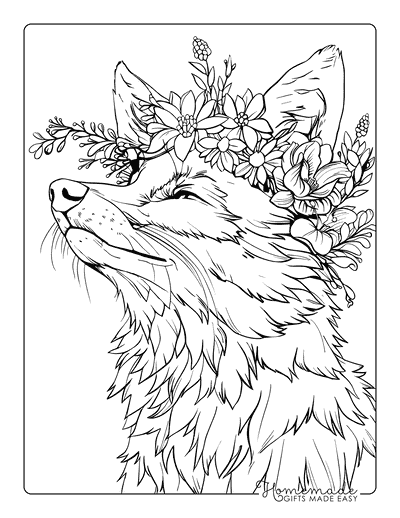 Fox Coloring Pages Realistic Fox Closeup Flower Crown Adults