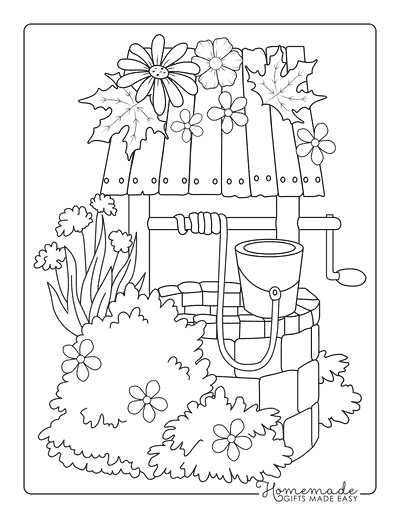 Garden Coloring Pages Cozy Water Well in Garden With Flowers