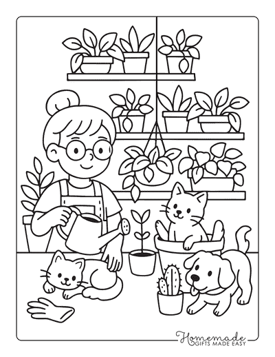 Garden Coloring Pages Cute Gardener With Kitty and Puppy