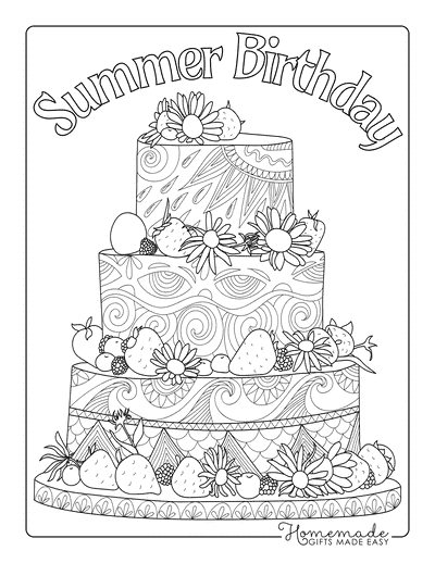 Happy Birthday Coloring Pages Summer Birthday Cake for Adults