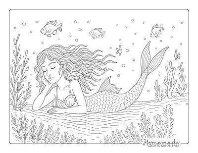 Mermaid Coloring Pages Beautiful Mermaid Resting on Ocean Floor
