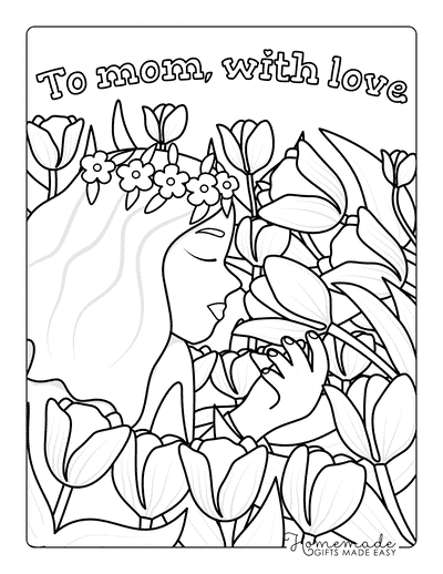 Mothers Day Coloring Pages Simple Lady Smelling Tulips