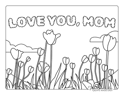Mothers Day Coloring Pages Simple Tulip Field and Sky Outline