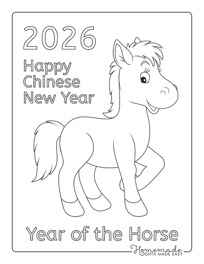 New Year Coloring Pages Cute Horse Outline Happy New Year