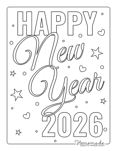 New Year Coloring Pages Happy New Year 2026 Stars Hearts