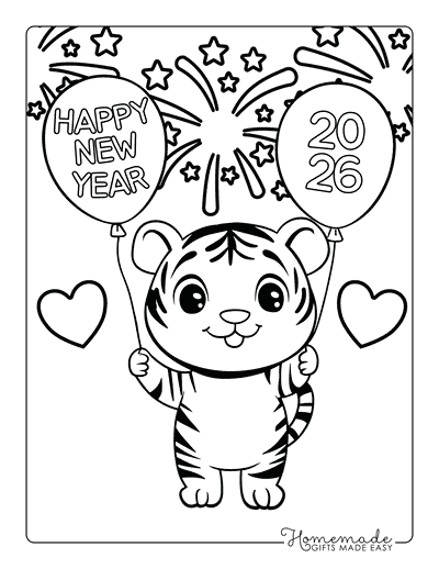 New Year Coloring Pages Happy New Year 2026 Tiger With Balloons