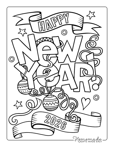 New Year Coloring Pages Happy New Year Ribbons Banner 2026