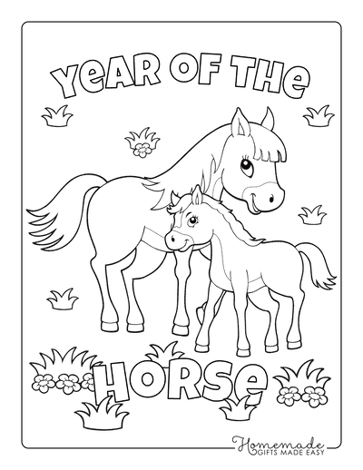 New Year Coloring Pages Year of the Horse Mother Foal