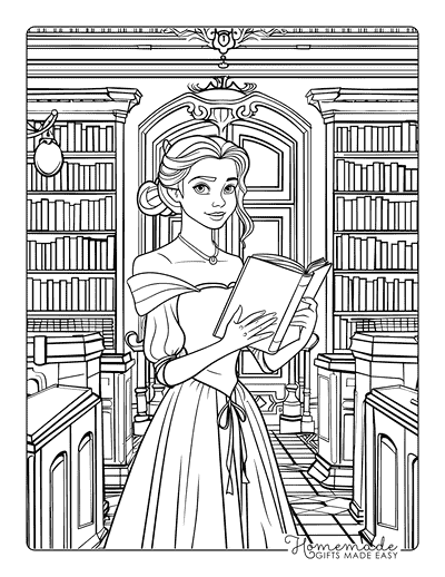 Princess Coloring Pages Princess Belle in Library