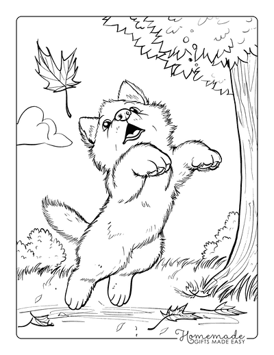 Puppy Coloring Pages Akita Jumping at Leaf