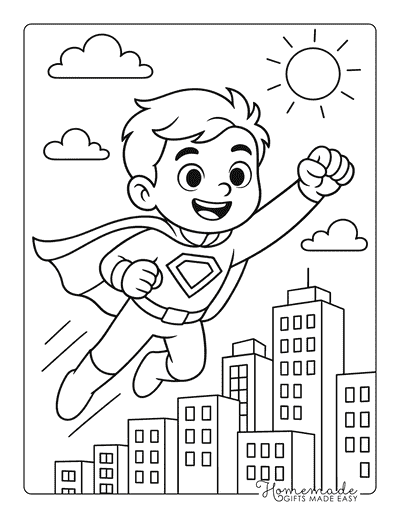 Superhero Coloring Pages Boy Superhero Flying Over City