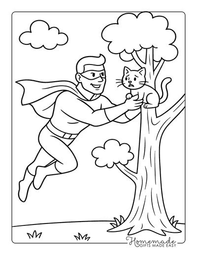 Superhero Coloring Pages Easy Superhero Saving Cute Cat