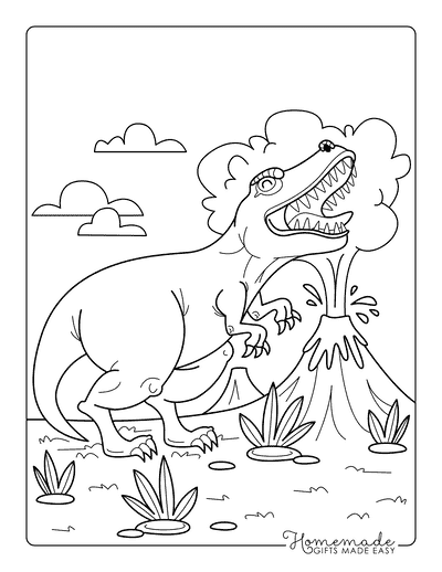 T Rex Coloring Pages Cartoon Tyrannosaurus Rex Roaring Volcano