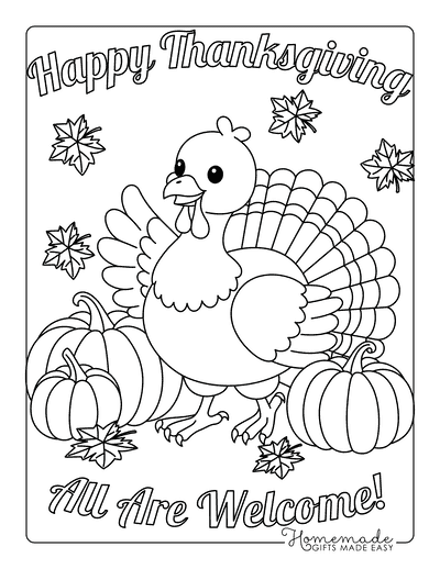 Thanksgiving Coloring Pages Cute Turkey With Pumpkins All Are Welcome