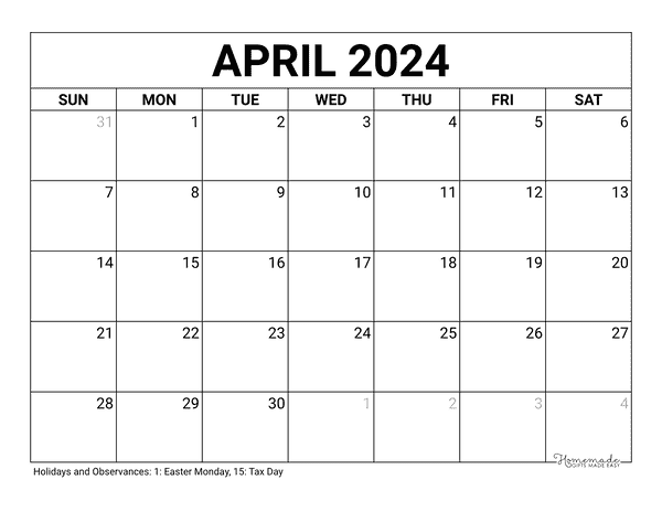 April Calendar 2024 Printable Blank 600x464 