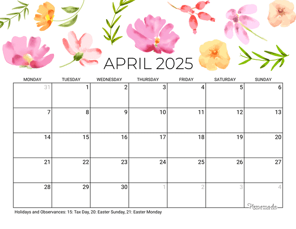 April Calendar 2025 Printable Flowers Landscape Monday Start
