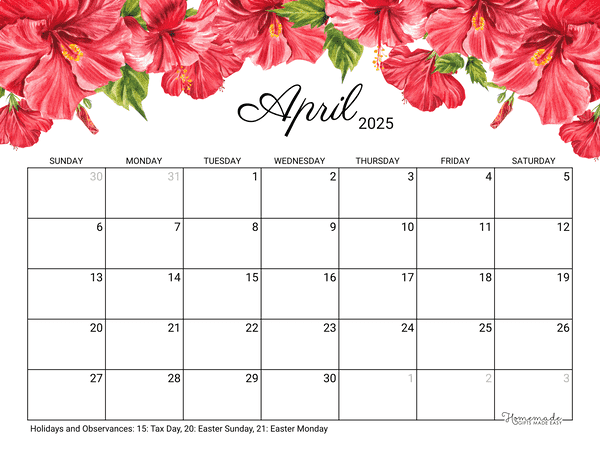 april Calendar 2025 Printable Hibiscus