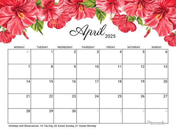 April Calendar 2025 Printable Hibiscus Monday Start