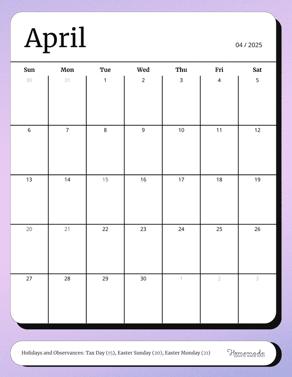 April Calendar 2025 Soft Purple Minimalist