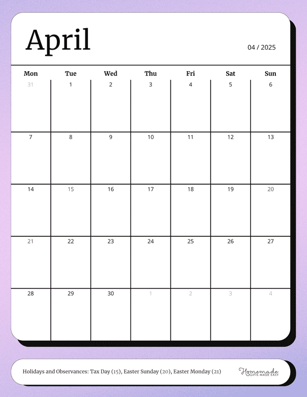 April Calendar 2025 Soft Purple Minimalist Mon Start