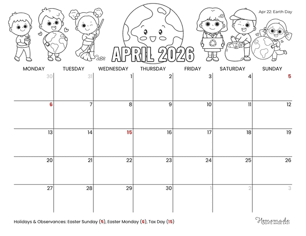 April Calendar 2026 Cute Fun Earth Day to Color Monday Start