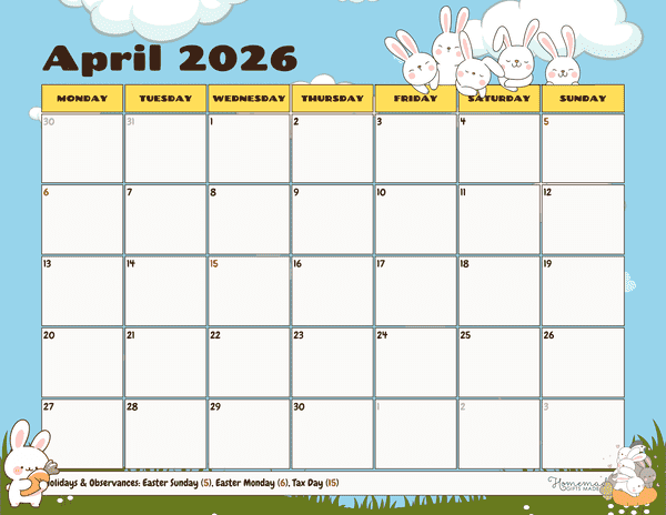 April Calendar 2026 Cute Spring Bunnies Monday Start