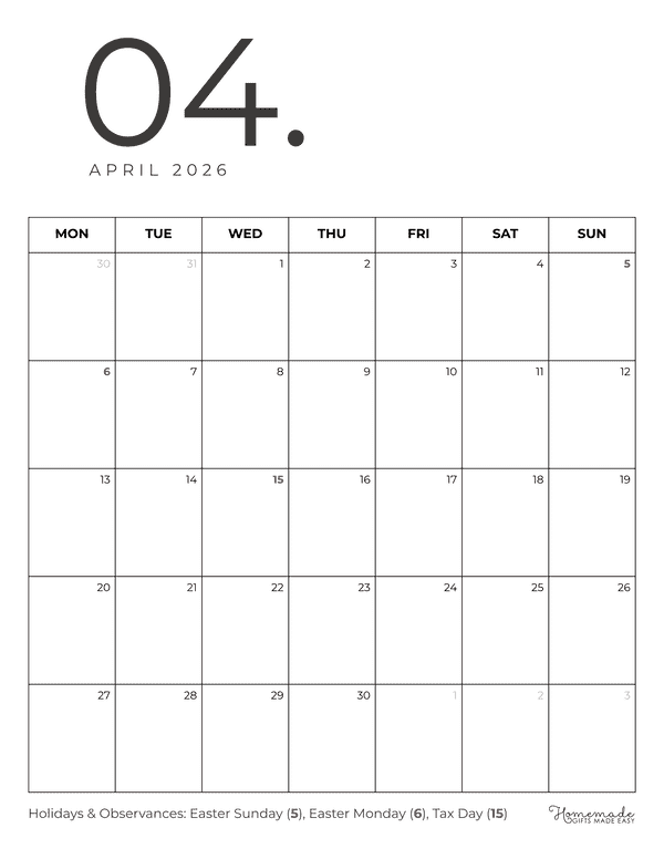 April Calendar 2026 Minimalist Portrait Monday Start