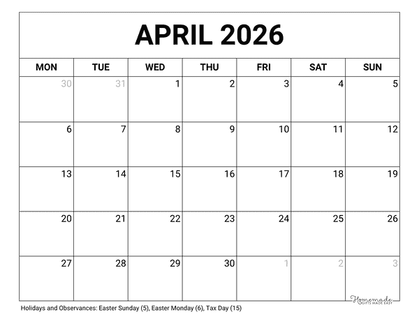 April Calendar 2026 Printable Blank Monday Start