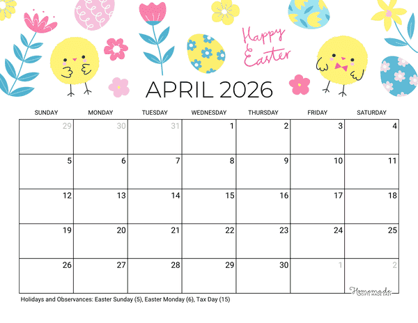 April Calendar 2026 Printable Easter Landscape