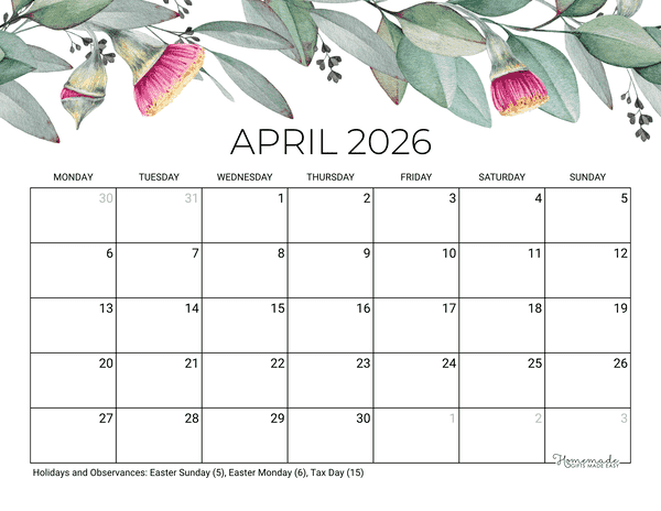 April Calendar 2026 Printable Eucalyptus Monday Start