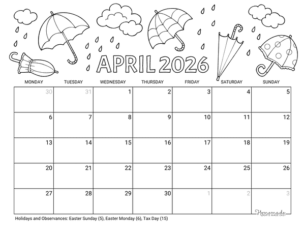 April Calendar 2026 Printable Umbrellas Rain to Color Landscape Monday Start