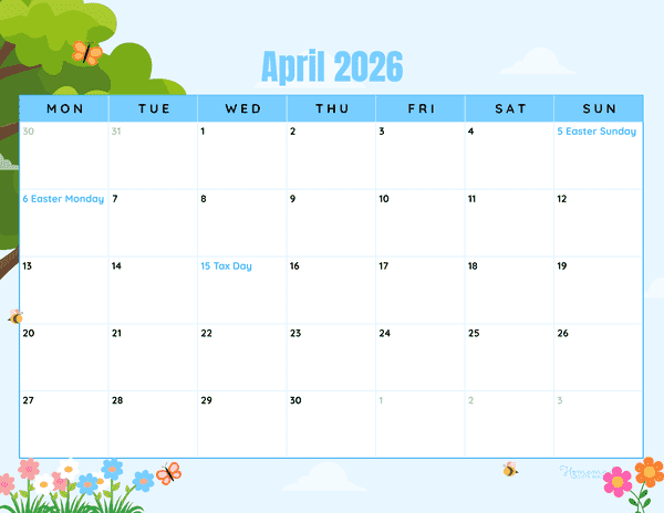 April Calendar 2026 Simple Fun Flowery Scene Monday Start