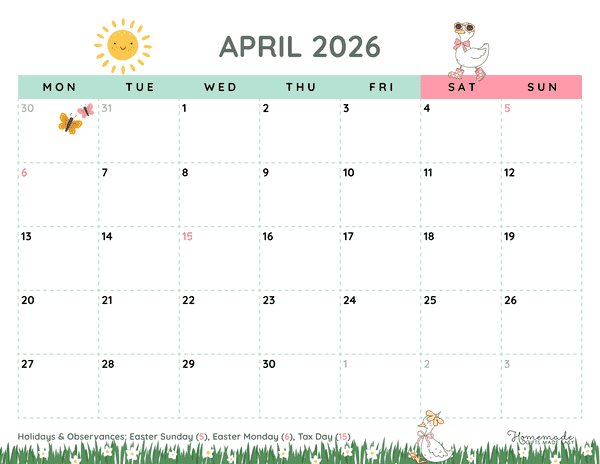April Calendar 2026 Simple Illustrated Spring Monday Start