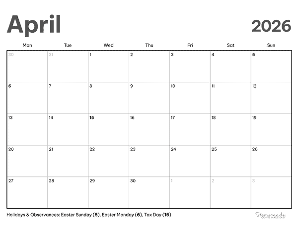 April Calendar 2026 Simple Modern Minimalism Monday Start