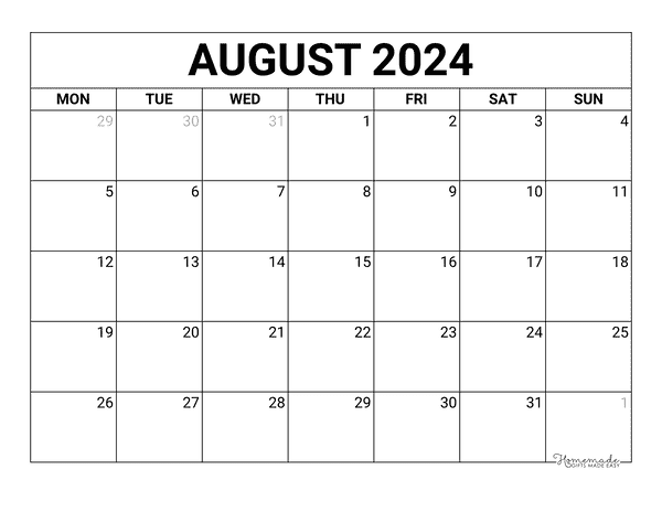 August Calendar | Free Printable Calendars and Templates