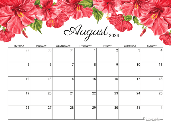 August Calendar 2024 Printable Hibiscus Monday Start