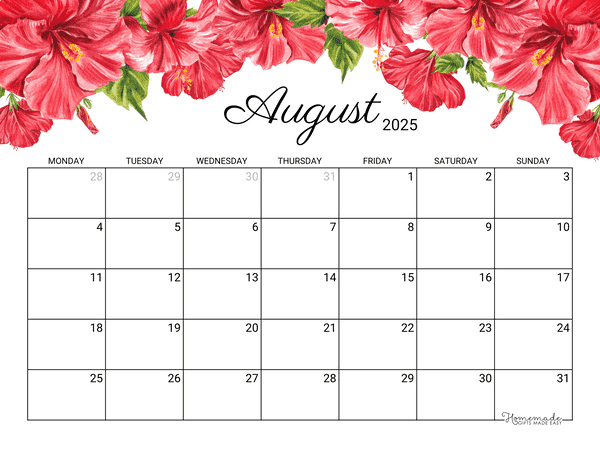 August Calendar 2025 Printable Hibiscus Monday Start