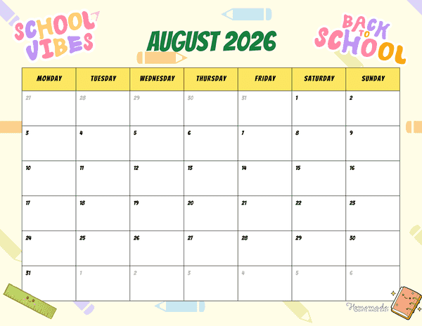 August Calendar 2026 Colorful Playful Back to School Monday Start