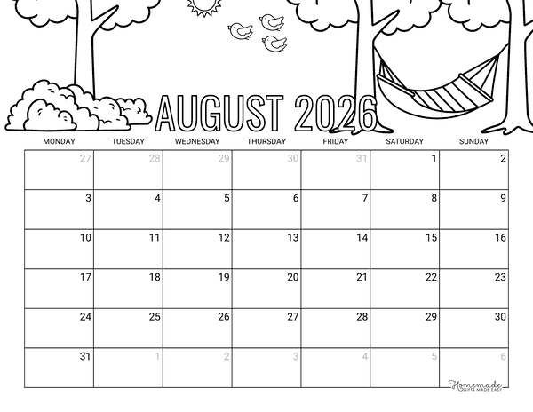August Calendar 2026 Printable Relaxing Hammock Scene to Color Monday Start